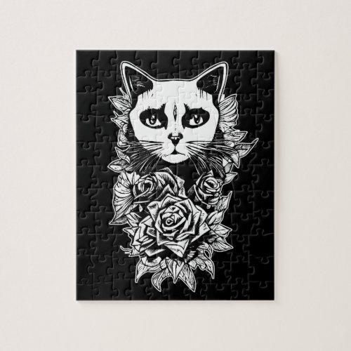 Flowers And Gothic Cat Jigsaw Puzzle