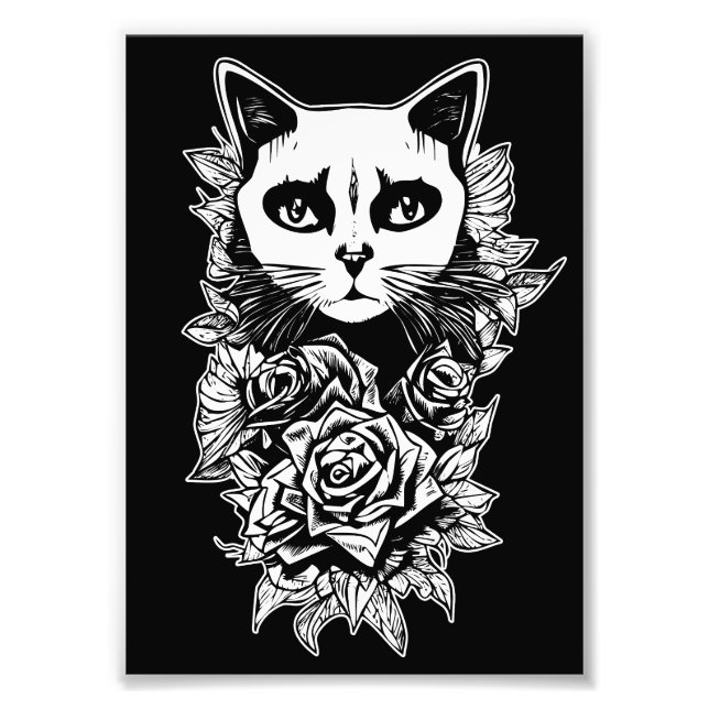 Flowers And Gothic Cat Photo Print (Front)