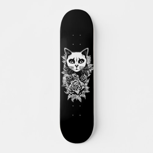 Flowers And Gothic Cat Skateboard