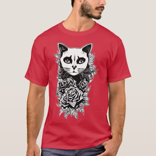 Flowers And Gothic Cat T_Shirt