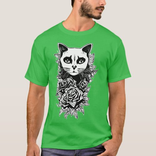 Flowers And Gothic Cat T_Shirt