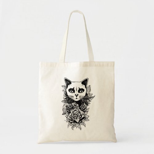Flowers And Gothic Cat Tote Bag