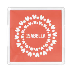 Flowers And Hearts Name Acrylic Tray