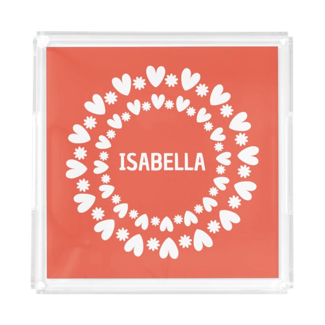 Flowers And Hearts Name Acrylic Tray (Front)