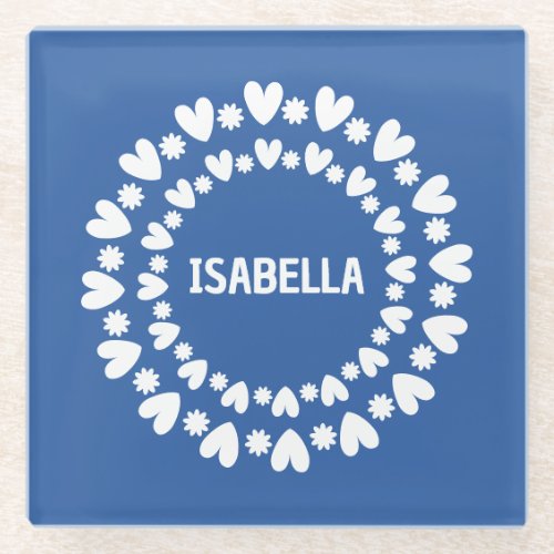 Flowers And Hearts Name Glass Coaster