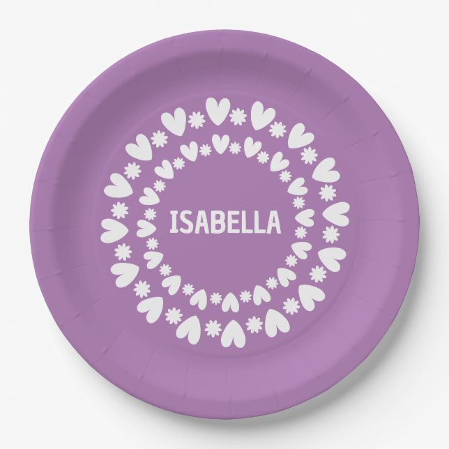 Flowers And Hearts Name Paper Plates (Front)