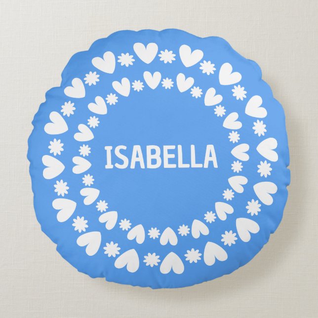 Flowers And Hearts Name Round Pillow (Front)