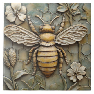 Flowers and Honey Bee Faux Relief Ceramic Tile