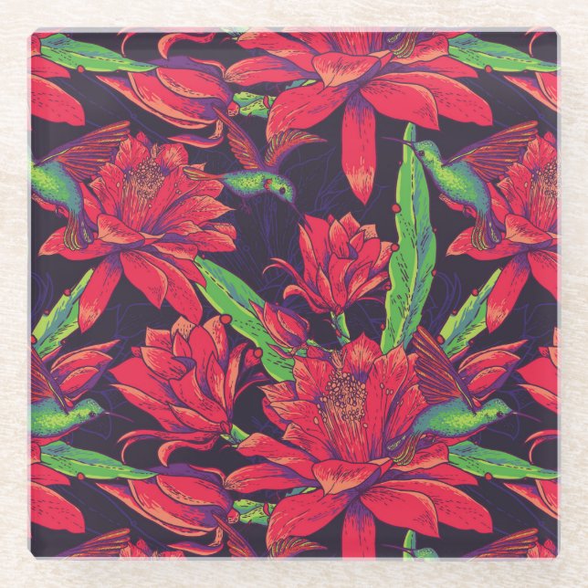 Flowers And Hummingbirds Glass Coaster (Front)