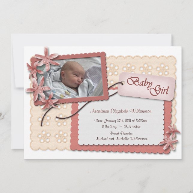 Flowers and Lace Pink Birth Announcements (Front)