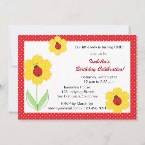 Flowers and ladybug birthday party invitations