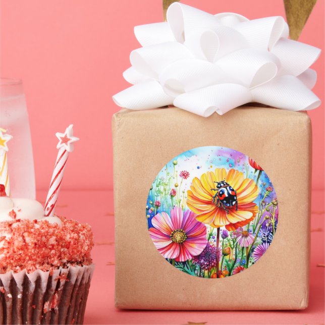 Flowers and Ladybugs Classic Round Sticker (Party)