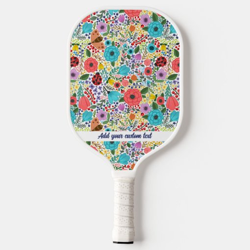 Flowers and Ladybugs Pattern Add Any Custom Text Pickleball Paddle | Zazzle