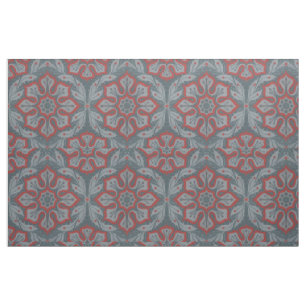 "Flowers and laurels" arabesque pattern, gray, red Fabric