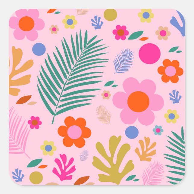 Flowers And Leaves 02 Pink Floral Square Sticker (Front)