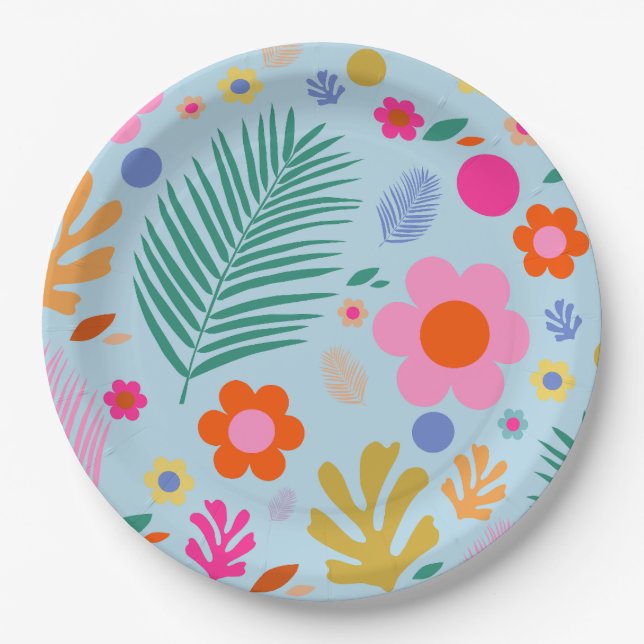 Flowers And Leaves 03 Blue And Pink Paper Plates (Front)