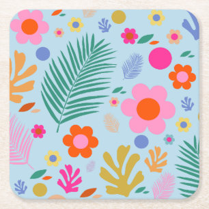 Flowers And Leaves 03 Blue And Pink Square Paper Coaster