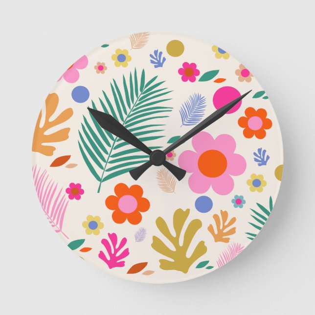 Flowers And Leaves 04 Colorful Floral Round Clock (Front)