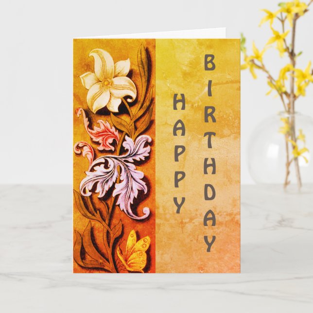 Flowers And Leaves Art Birthday  Card (Yellow Flower)