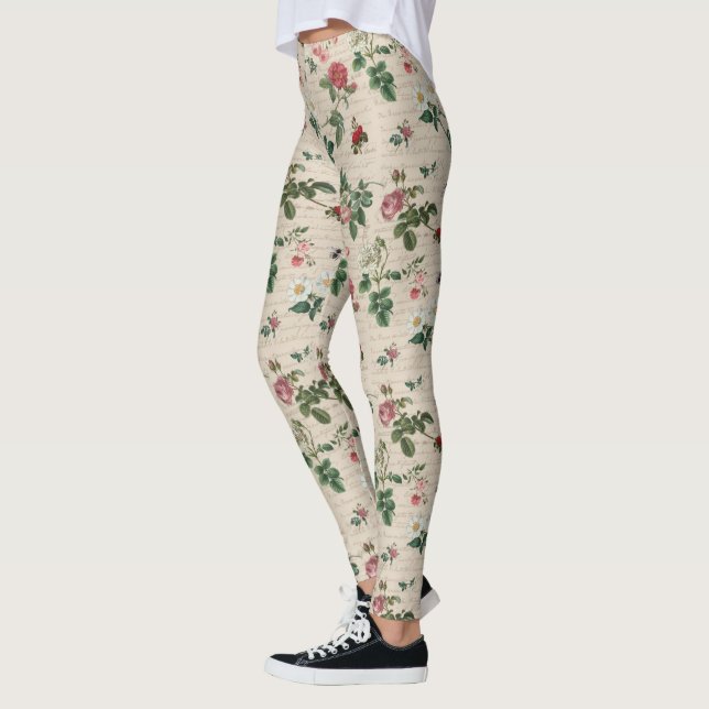 Flowers And Leaves Beige Background Leggings (Left)