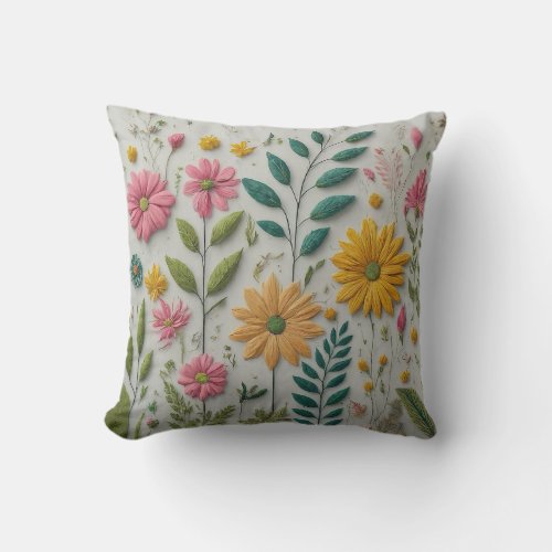 Flowers and Leaves Elegance Green Pink  Yellow Throw Pillow
