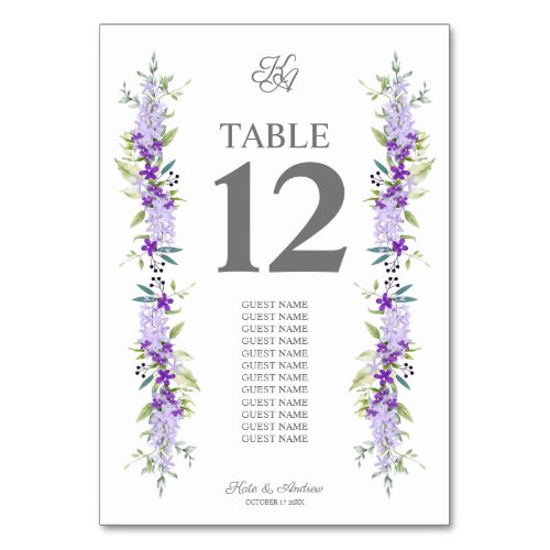 Flowers and Leaves in Purple Shades Table Number