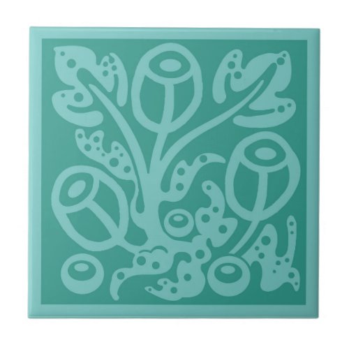 Flowers and leaves in subtle sea green ceramic tile