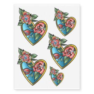 Flowers and Love Heart (Neotraditional) Temporary Tattoos