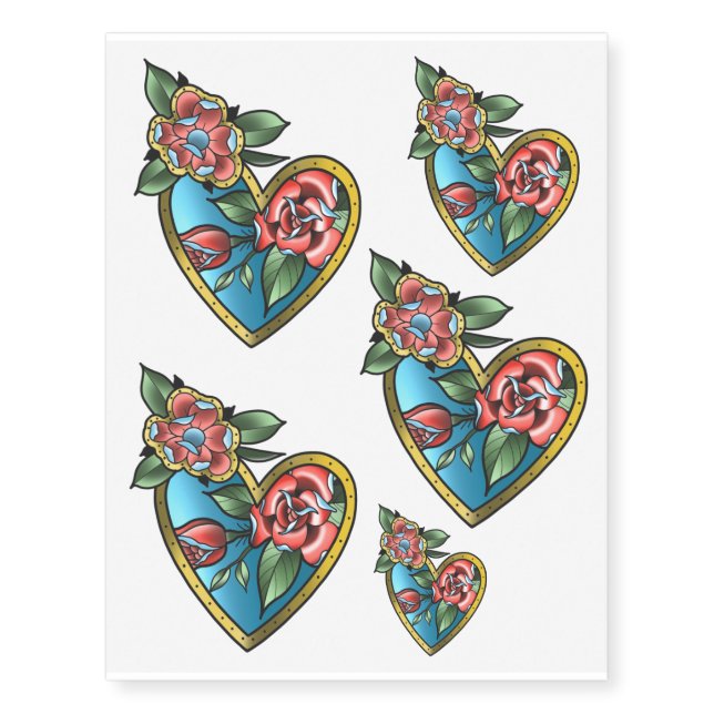 Flowers and Love Heart (Neotraditional) Temporary Tattoos (Front)