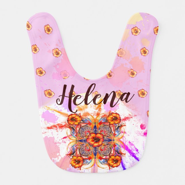 Flowers and Name Pre-Splashed Cute Spotty Baby Bib (Front)