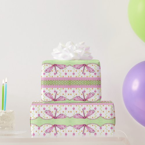 Flowers and Pink Dragonflies Wrapping Paper