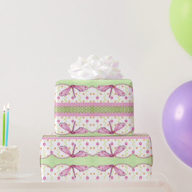 Flowers and Pink Dragonflies Wrapping Paper (Party Gifts)