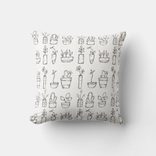 Flowers and Plants Line Drawings Pattern Throw Pillow