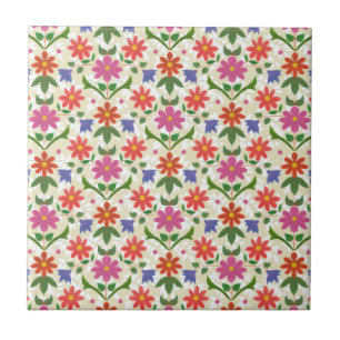 Flowers and Polka Dots on Ecru, Ceramic Tile