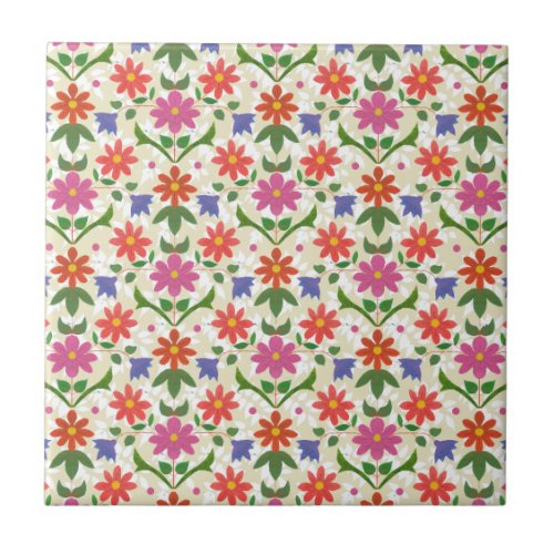 Flowers and Polka Dots on Ecru Ceramic Tile