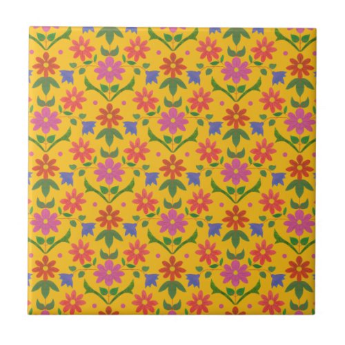 Flowers and Polka Dots on Yellow Ceramic Tile