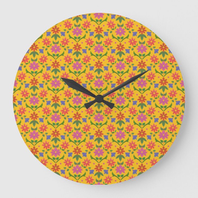 Flowers and Polka Dots on Yellow Round Wall Clock (Front)