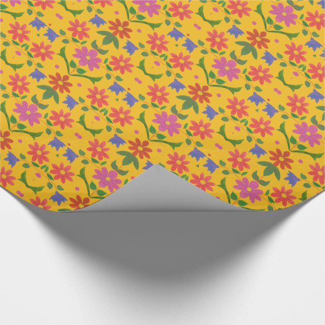 Flowers and Polka Dots on Yellow Wrapping Paper (Corner)