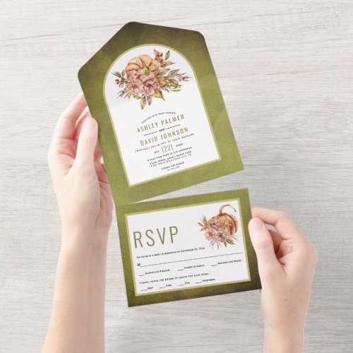 Flowers and pumpkin olive green fall wedding  all in one invitation