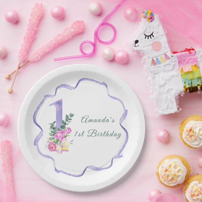 Flowers and ribbon First birthday party Paper Plates (Party)