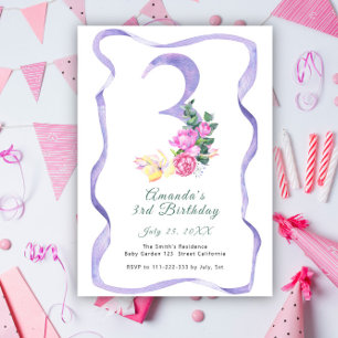 Flowers and ribbon number 3rd Birthday Party Invitation