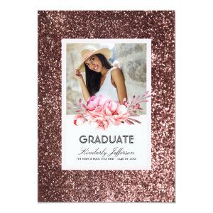 Flowers and Rose Gold Glitter Photo Graduation Card