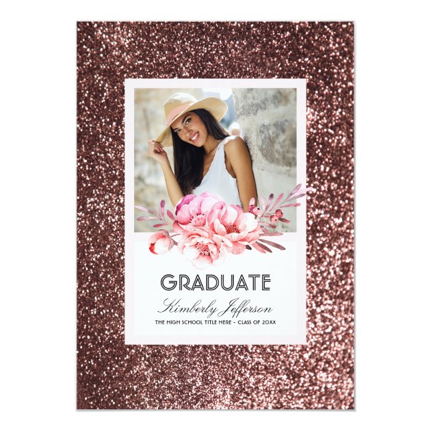 Flowers And Rose Gold Glitter Photo Graduation Card