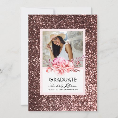 Flowers and Rose Gold Glitter Photo Graduation Invitation