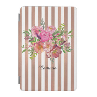 Flowers and Rose Gold Stripes iPad Mini Cover