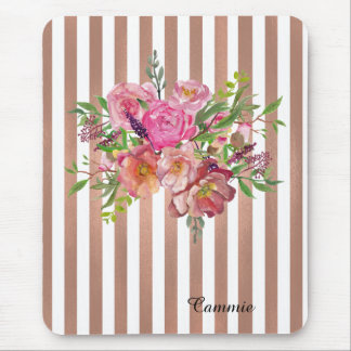 Flowers and Rose Gold Stripes Mouse Pad
