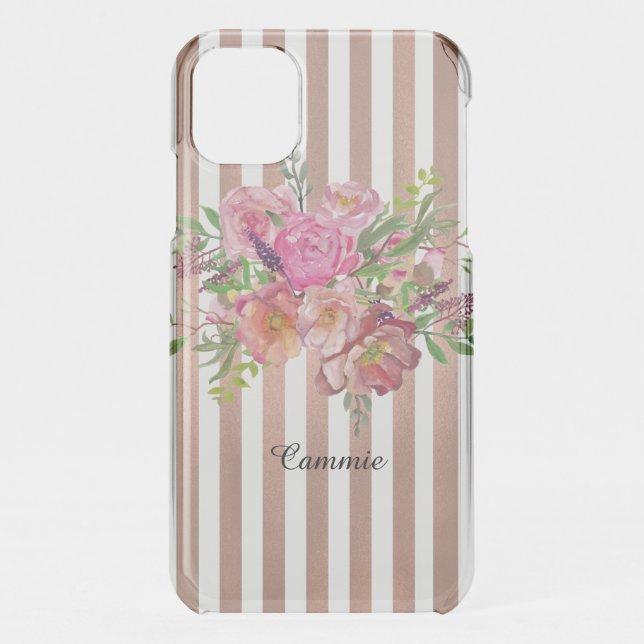 Flowers and Rose Gold Stripes Uncommon iPhone Case (Back)