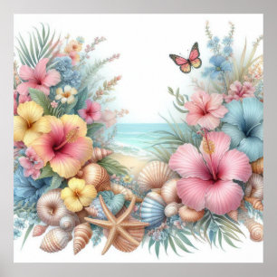 Flowers and seashells watercolor in pastel colors poster