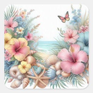 Flowers and seashells watercolor in pastel colors square sticker