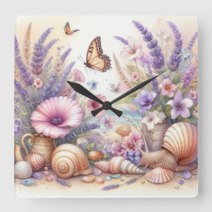 Flowers and seashells watercolor in pastel colors square wall clock